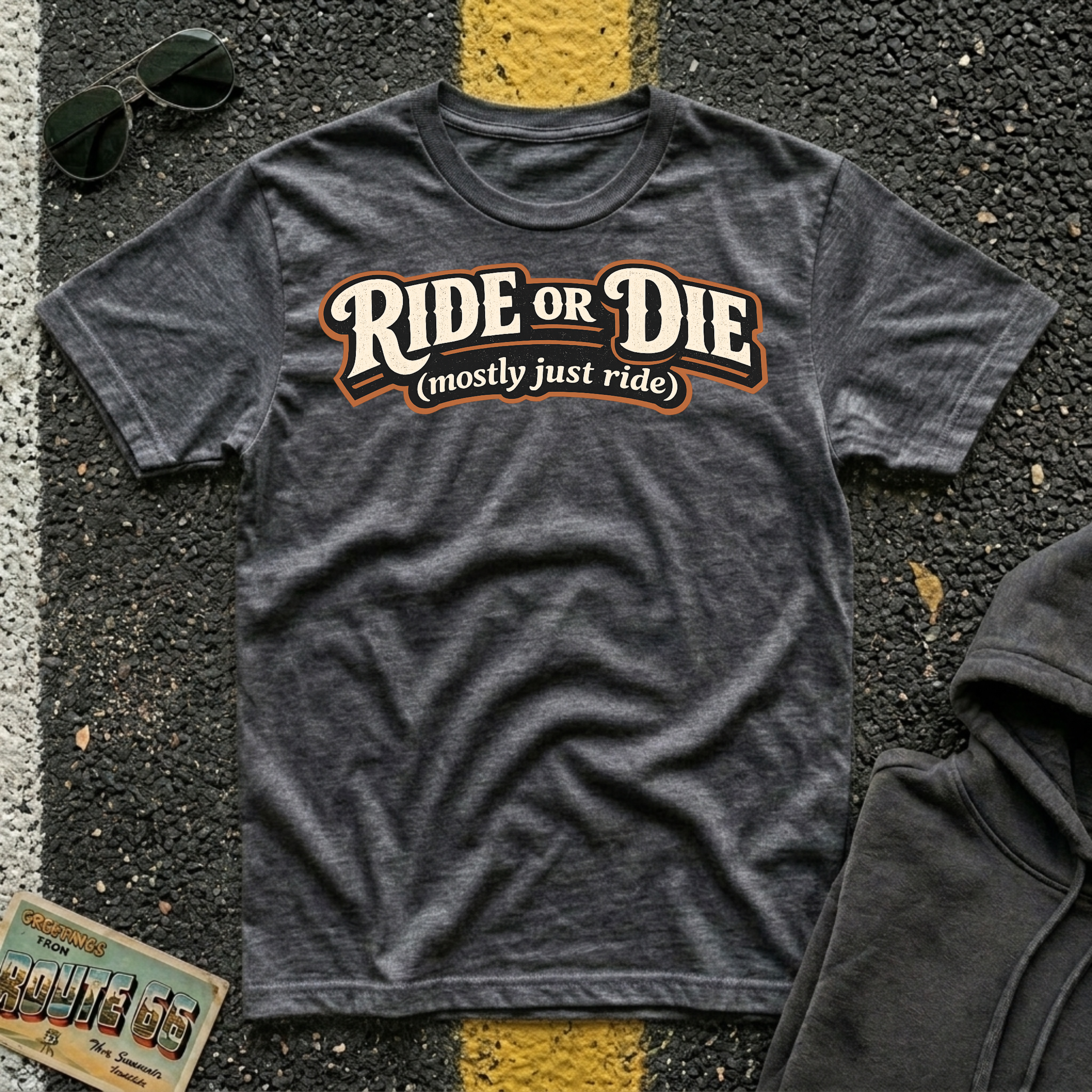 Ride or Die Mostly Just Ride T-shirt featuring a vintage script design for road trip enthusiasts, RV travelers, and adventure lovers.