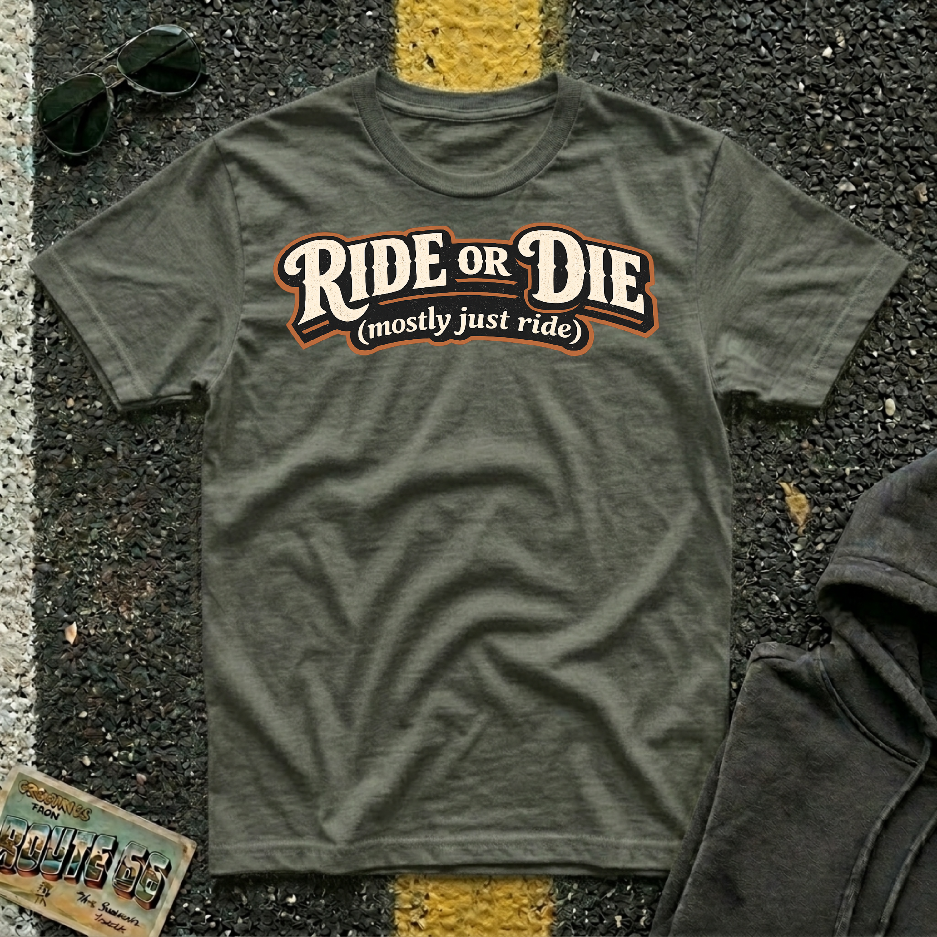 Ride or Die Mostly Just Ride T-shirt featuring a vintage script design for road trip enthusiasts, RV travelers, and adventure lovers.