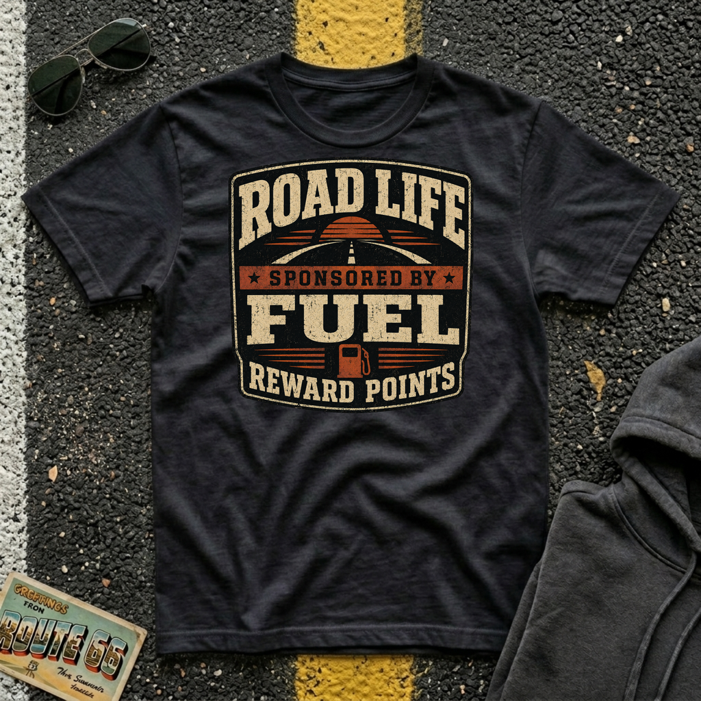 Road Life Sponsored by Fuel Reward Points T-shirt by The Riverstone Life on a black Gildan Softstyles 64000  featuring a vintage fuel reward design.