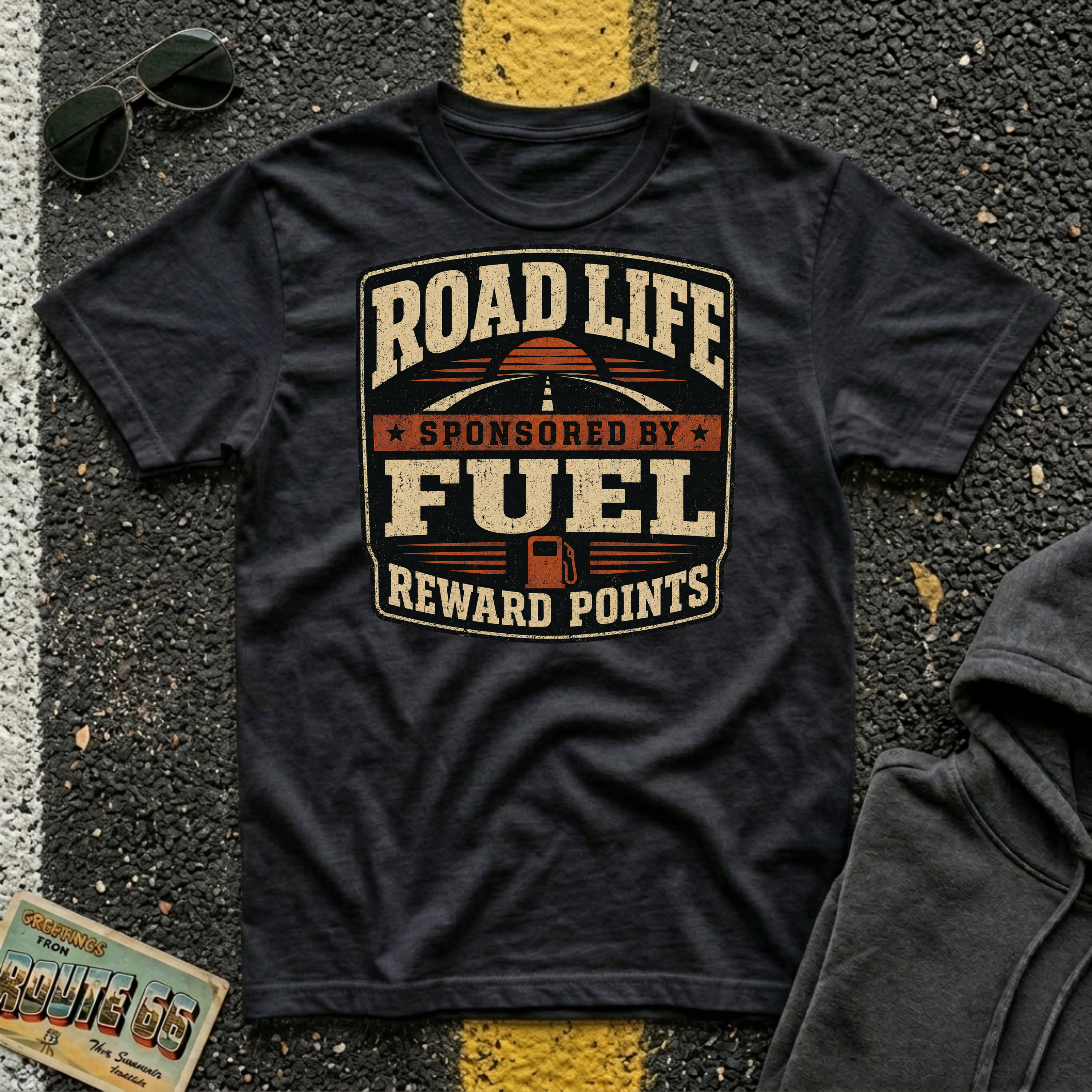 Road Life Sponsored by Fuel Reward Points T-shirt by The Riverstone Life on a black Gildan Softstyles 64000  featuring a vintage fuel reward design.