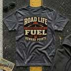 Road Life Sponsored by Fuel Reward Points T-shirt by The Riverstone Life on a dark heather Gildan Softstyles 64000  featuring a vintage fuel reward design.