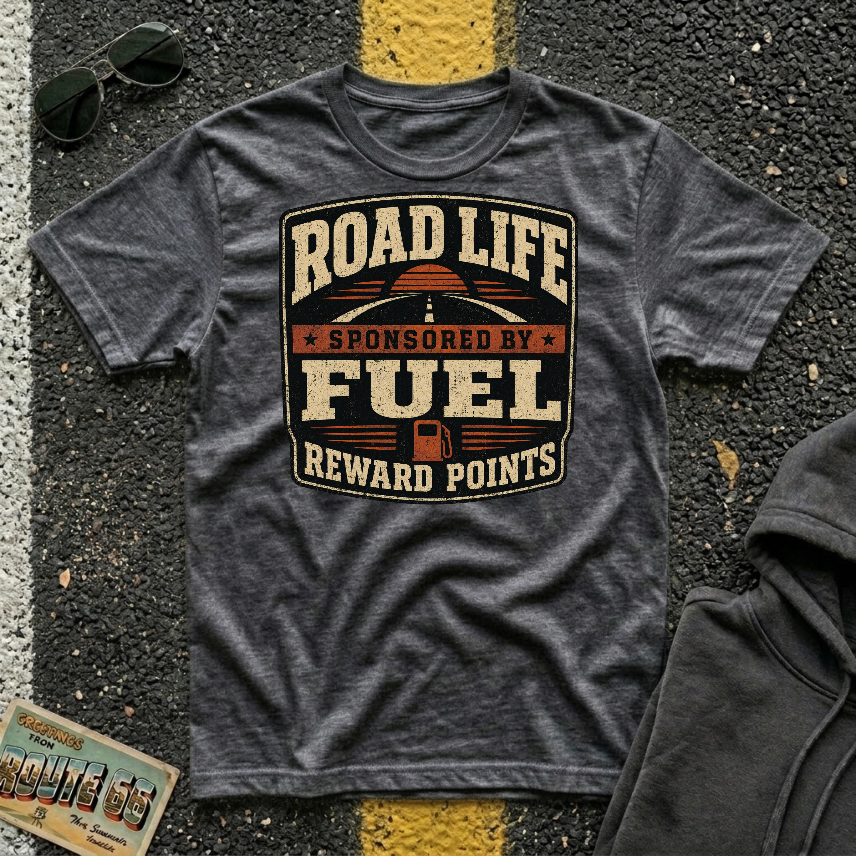 Road Life Sponsored by Fuel Reward Points T-shirt by The Riverstone Life on a dark heather Gildan Softstyles 64000  featuring a vintage fuel reward design.