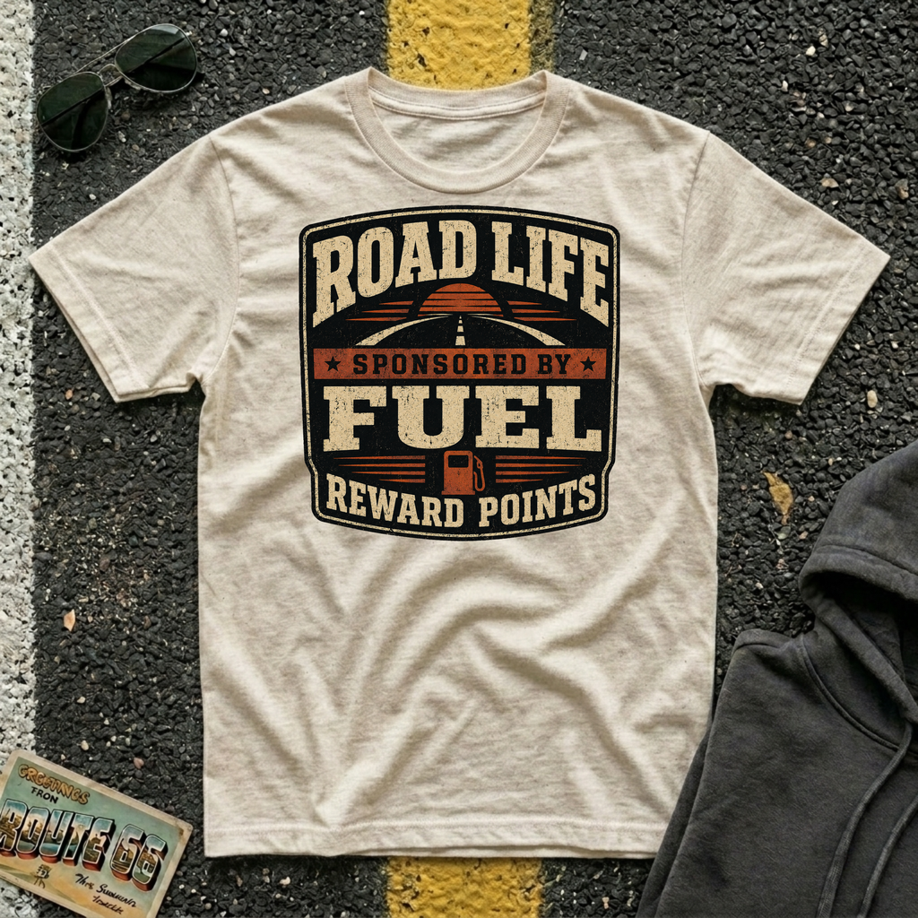 Road Life Sponsored by Fuel Reward Points T-shirt by The Riverstone Life on a natural Gildan Softstyles 64000  featuring a vintage fuel reward design.
