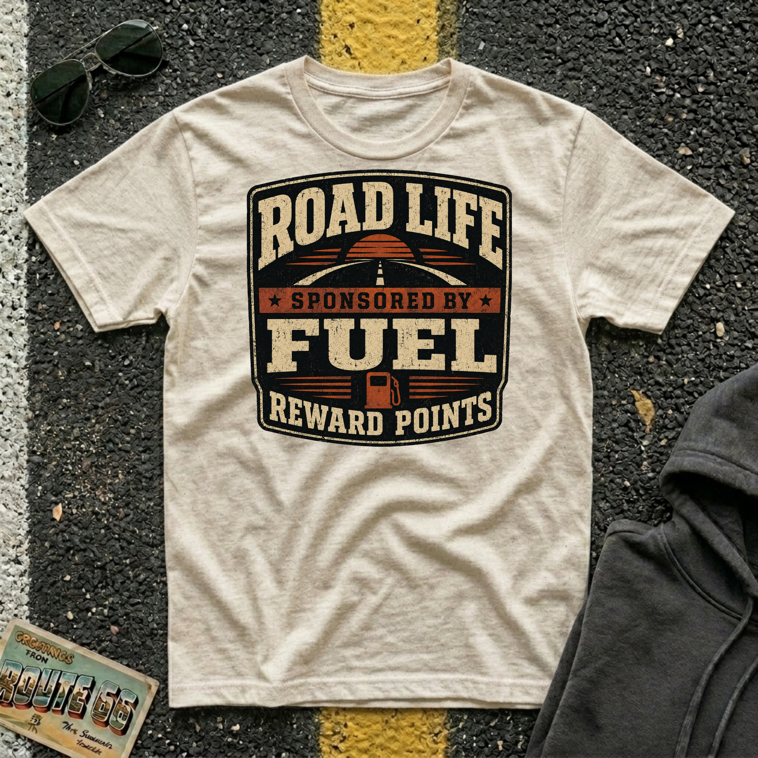 Road Life Sponsored by Fuel Reward Points T-shirt by The Riverstone Life on a natural Gildan Softstyles 64000  featuring a vintage fuel reward design.