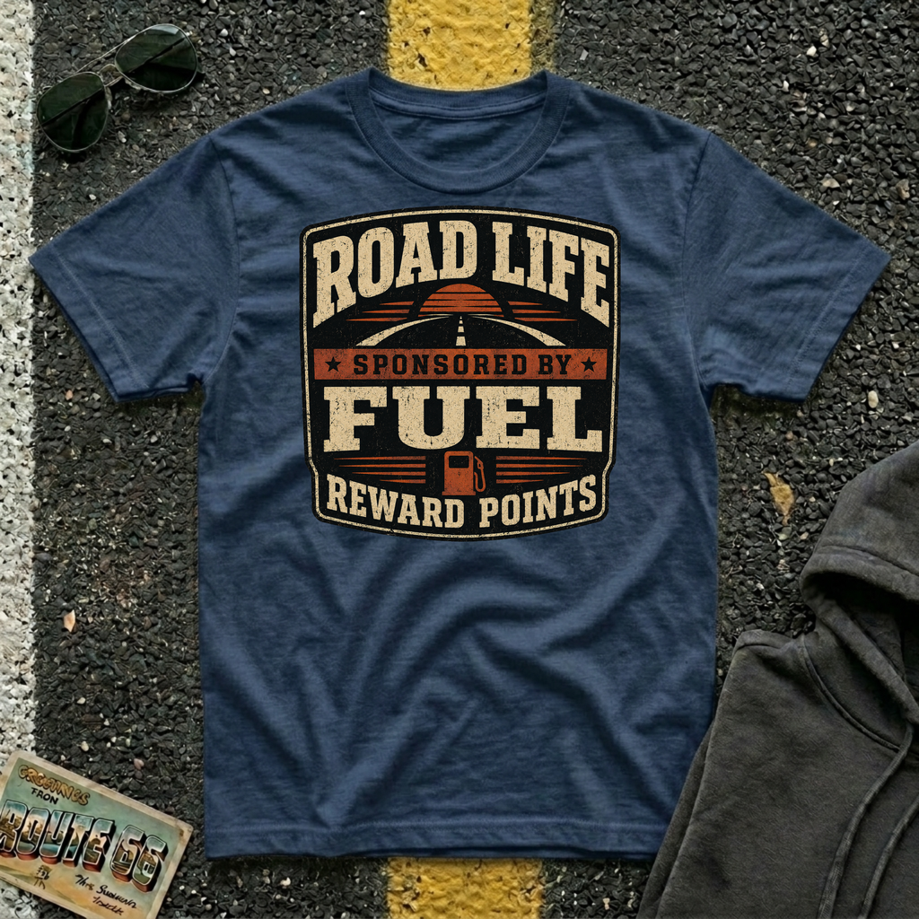 Road Life Sponsored by Fuel Reward Points T-shirt by The Riverstone Life on a navy Gildan Softstyles 64000  featuring a vintage fuel reward design.