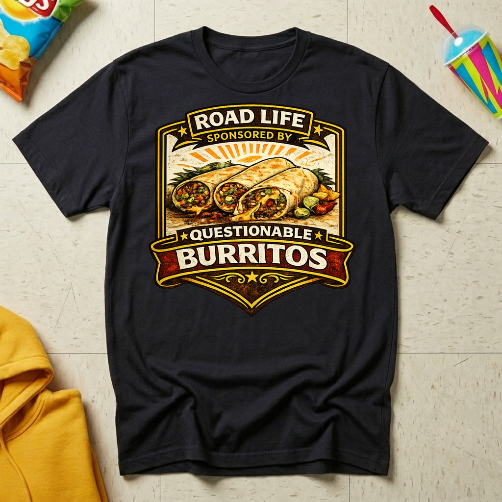 Road Life Sponsored By Questionable Burritos T-shirt by The Riverstone Life on a black Gildan Softstyle 64000 featuring a humorous burrito and truck stop food design.