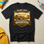 Road Life Sponsored By Questionable Burritos T-shirt by The Riverstone Life on a black Gildan Softstyle 64000 featuring a humorous burrito and truck stop food design.