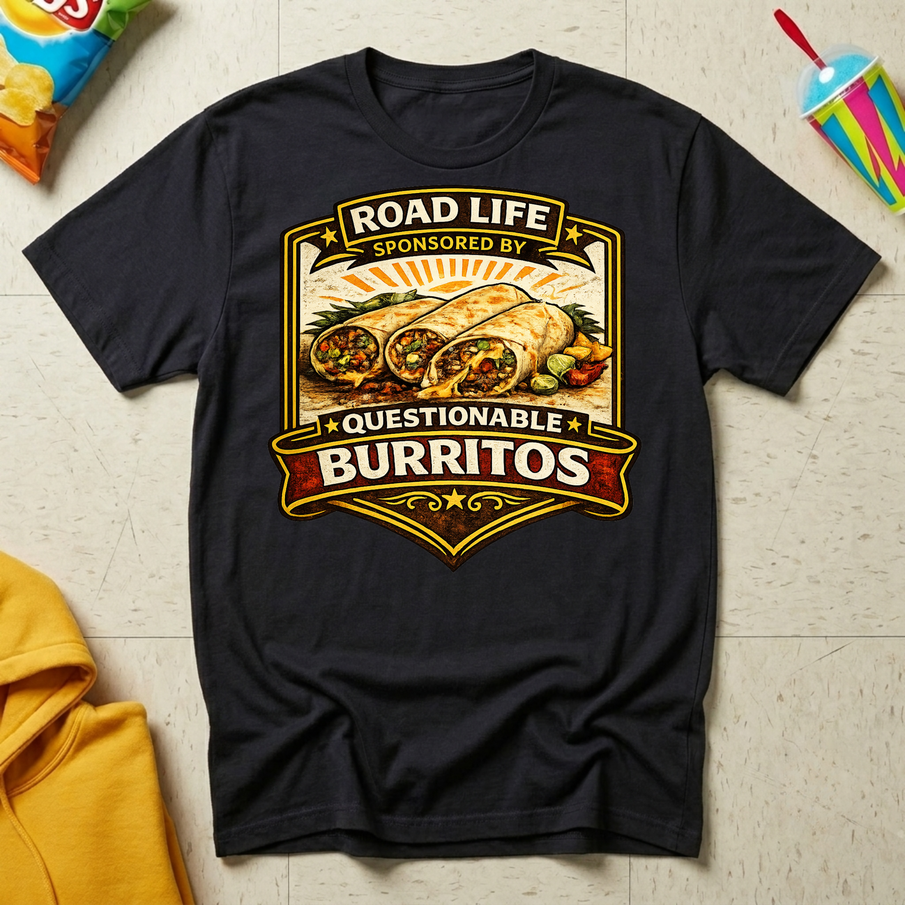 Road Life Sponsored By Questionable Burritos T-shirt by The Riverstone Life on a black Gildan Softstyle 64000 featuring a humorous burrito and truck stop food design.