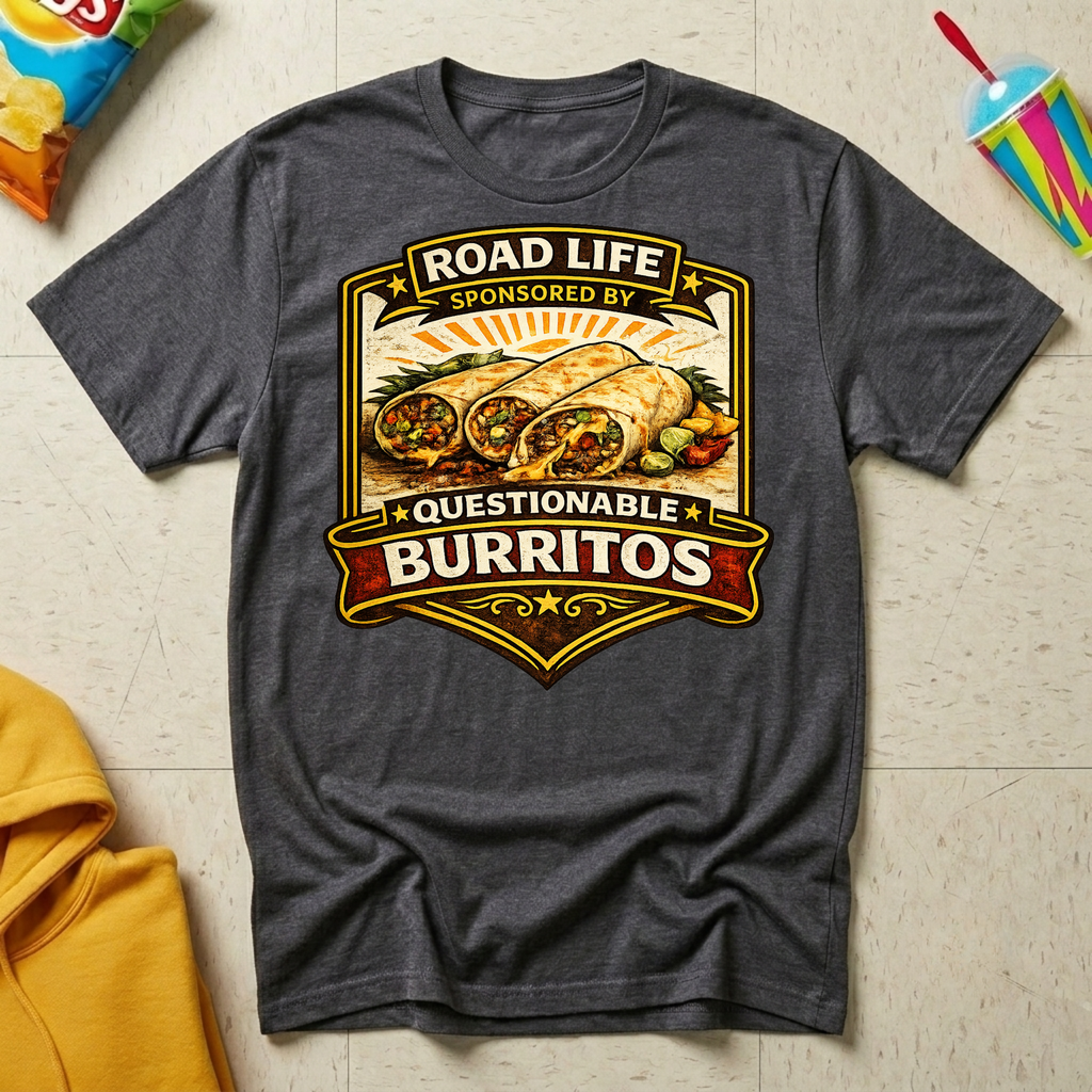 Road Life Sponsored By Questionable Burritos T-shirt by The Riverstone Life on a dark heather Gildan Softstyle 64000 featuring a humorous burrito and truck stop food design.