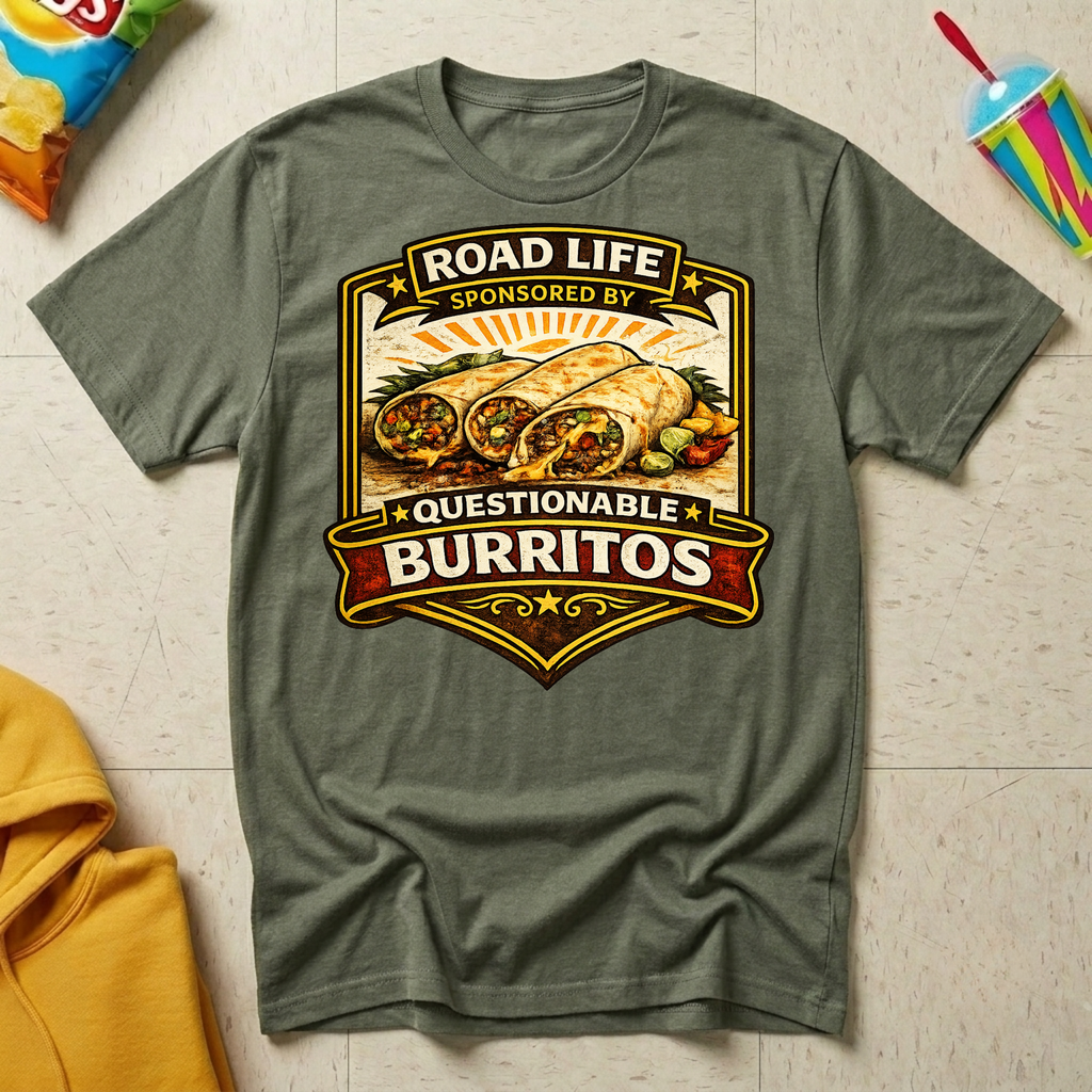 Road Life Sponsored By Questionable Burritos T-shirt by The Riverstone Life on a military green Gildan Softstyle 64000 featuring a humorous burrito and truck stop food design.
