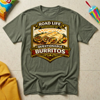 Road Life Sponsored By Questionable Burritos T-shirt by The Riverstone Life on a military green Gildan Softstyle 64000 featuring a humorous burrito and truck stop food design.