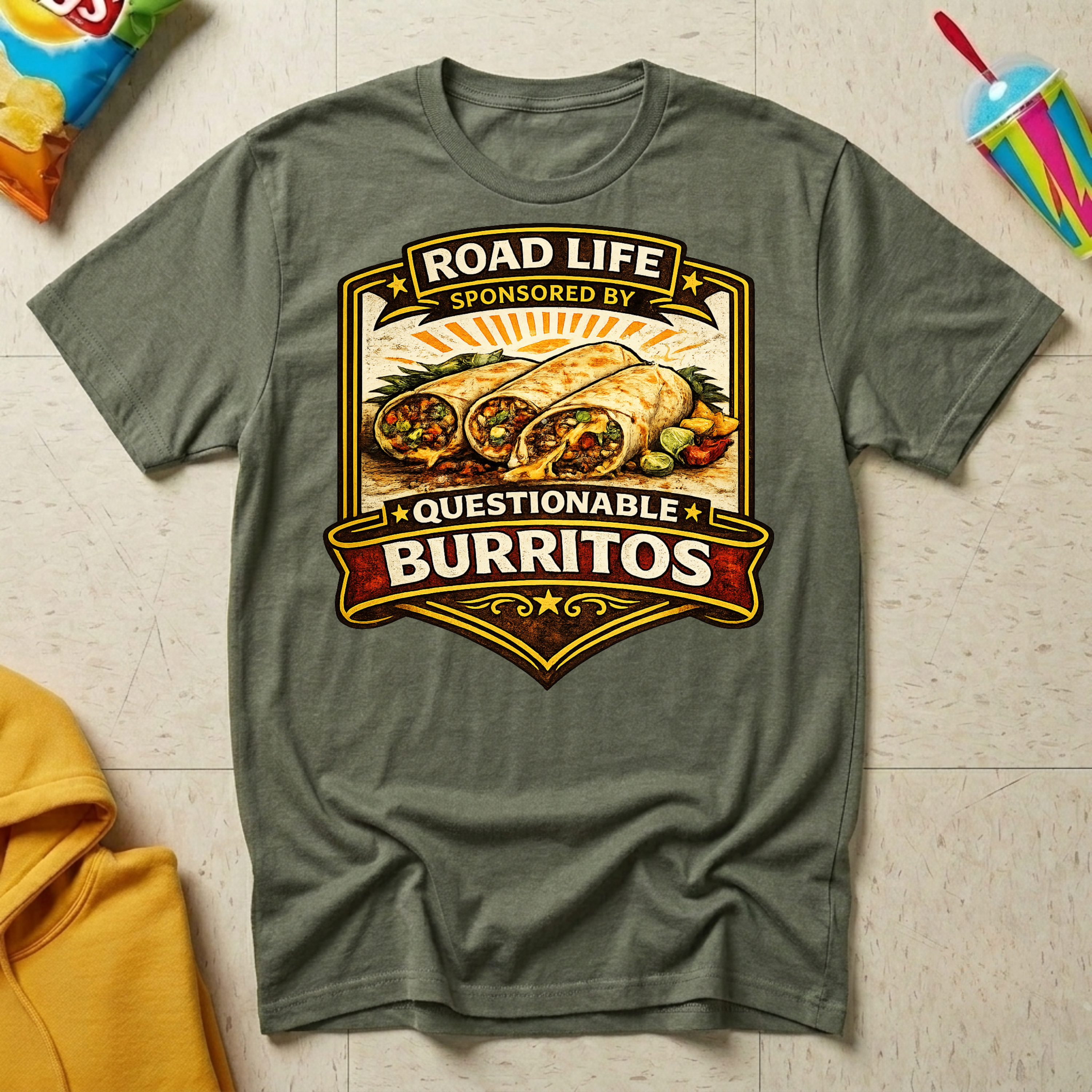 Road Life Sponsored By Questionable Burritos T-shirt by The Riverstone Life on a military green Gildan Softstyle 64000 featuring a humorous burrito and truck stop food design.