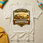Road Life Sponsored By Questionable Burritos T-shirt by The Riverstone Life on a natural Gildan Softstyle 64000 featuring a humorous burrito and truck stop food design.