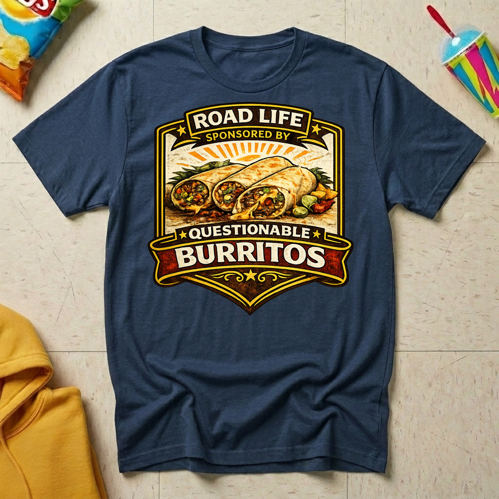 Road Life Sponsored By Questionable Burritos T-shirt by The Riverstone Life on a navy Gildan Softstyle 64000 featuring a humorous burrito and truck stop food design.
