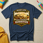 Road Life Sponsored By Questionable Burritos T-shirt by The Riverstone Life on a navy Gildan Softstyle 64000 featuring a humorous burrito and truck stop food design.