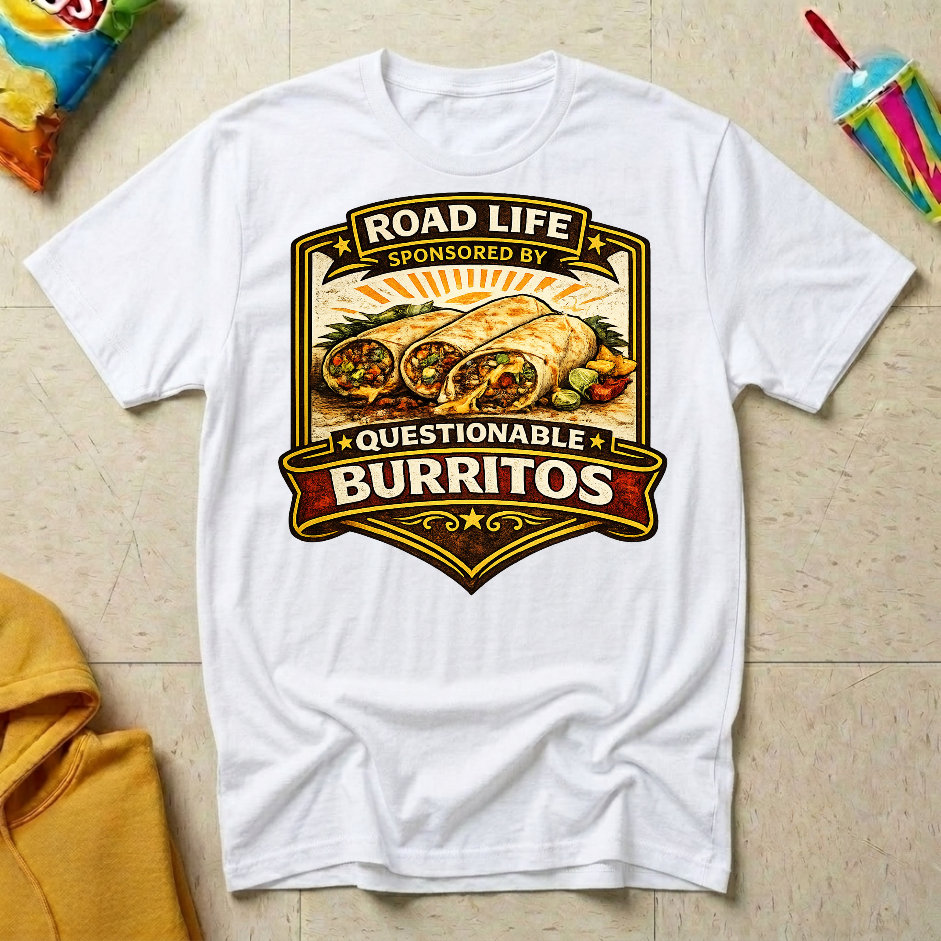 Road Life Sponsored By Questionable Burritos T-shirt by The Riverstone Life on a white Gildan Softstyle 64000 featuring a humorous burrito and truck stop food design.