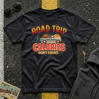 Road Trip Calories Don't Count T-shirt by The Riverstone Life on a black Gildan Softstyle 64000 featuring vintage road trip design with a pick up truck and luggage in the bed of the truck.