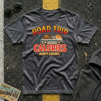 Road Trip Calories Don't Count T-shirt by The Riverstone Life on a dark heather Gildan Softstyle 64000 featuring vintage road trip design with a pick up truck and luggage in the bed of the truck.