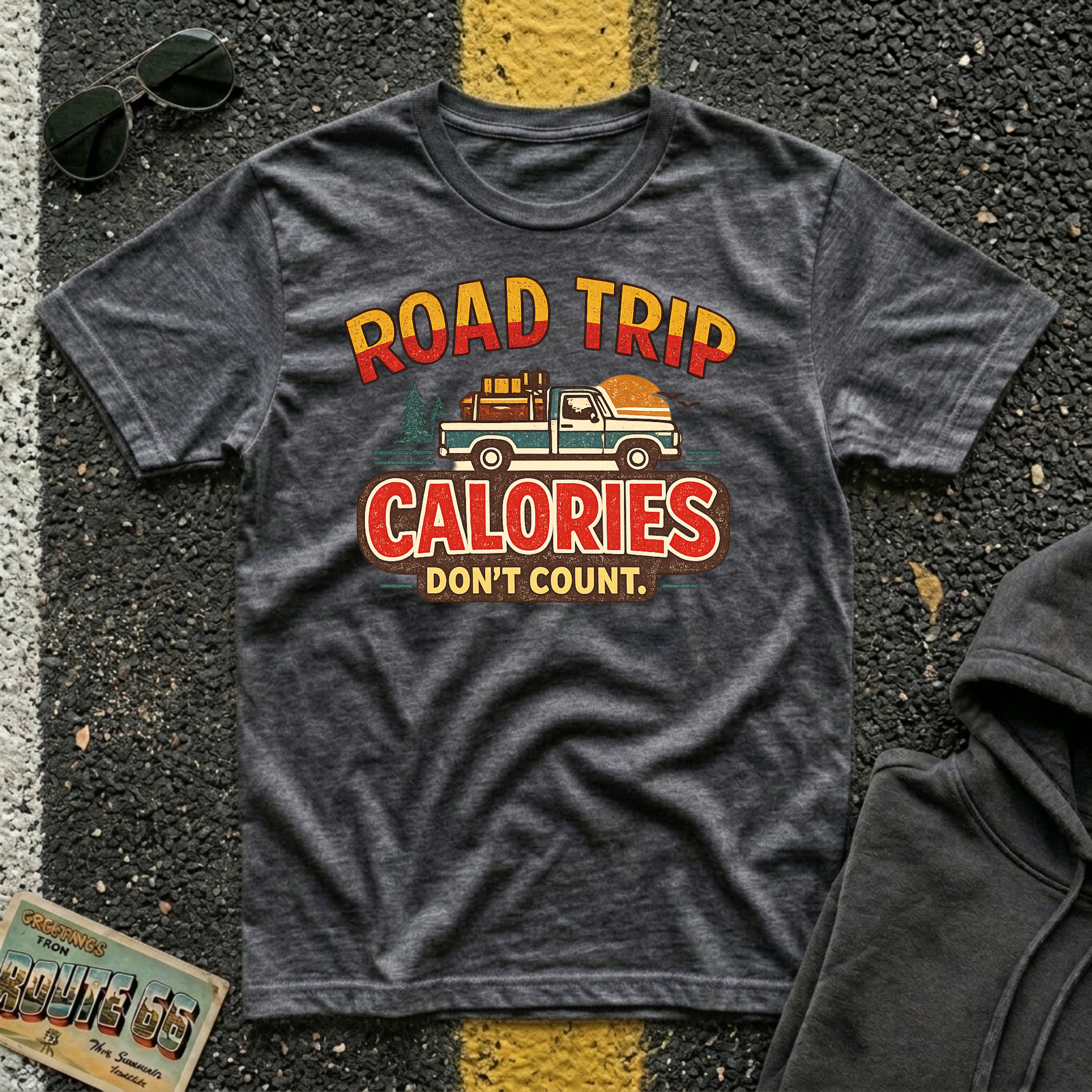Road Trip Calories Don't Count T-shirt by The Riverstone Life on a dark heather Gildan Softstyle 64000 featuring vintage road trip design with a pick up truck and luggage in the bed of the truck.