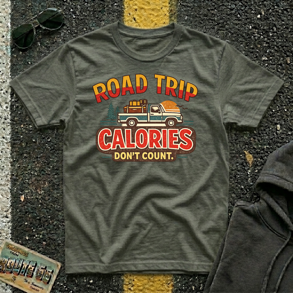 Road Trip Calories Don't Count T-shirt by The Riverstone Life on a military green Gildan Softstyle 64000 featuring vintage road trip design with a pick up truck and luggage in the bed of the truck.
