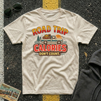 Road Trip Calories Don't Count T-shirt by The Riverstone Life on a natural Gildan Softstyle 64000 featuring vintage road trip design with a pick up truck and luggage in the bed of the truck.