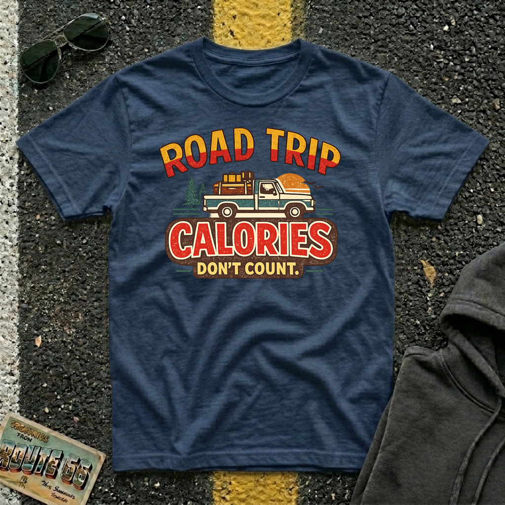 Road Trip Calories Don't Count T-shirt by The Riverstone Life on a navy Gildan Softstyle 64000 featuring vintage road trip design with a pick up truck and luggage in the bed of the truck.