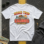 Road Trip Calories Don't Count T-shirt by The Riverstone Life on a white Gildan Softstyle 64000 featuring vintage road trip design with a pick up truck and luggage in the bed of the truck.