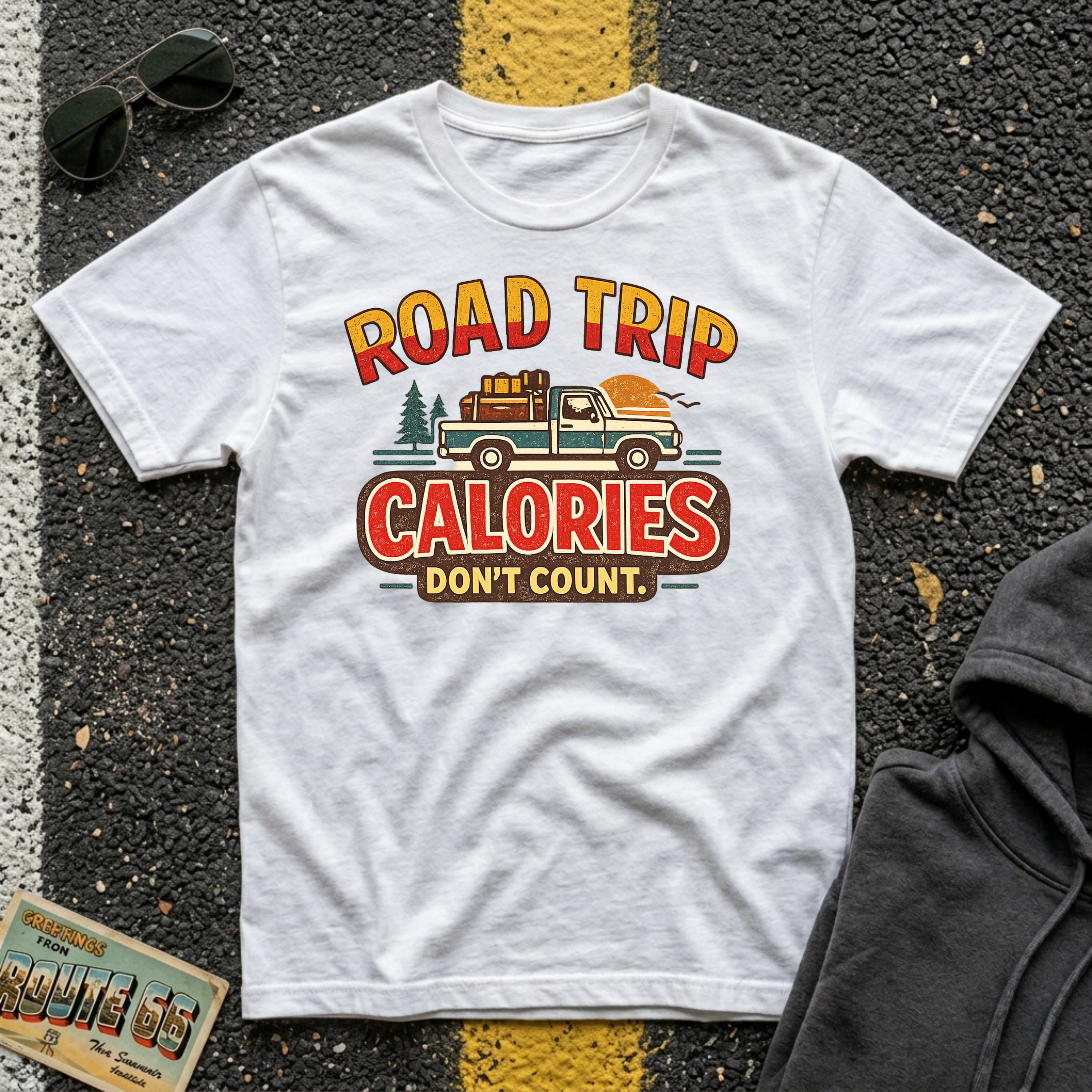 Road Trip Calories Don't Count T-shirt by The Riverstone Life on a white Gildan Softstyle 64000 featuring vintage road trip design with a pick up truck and luggage in the bed of the truck.