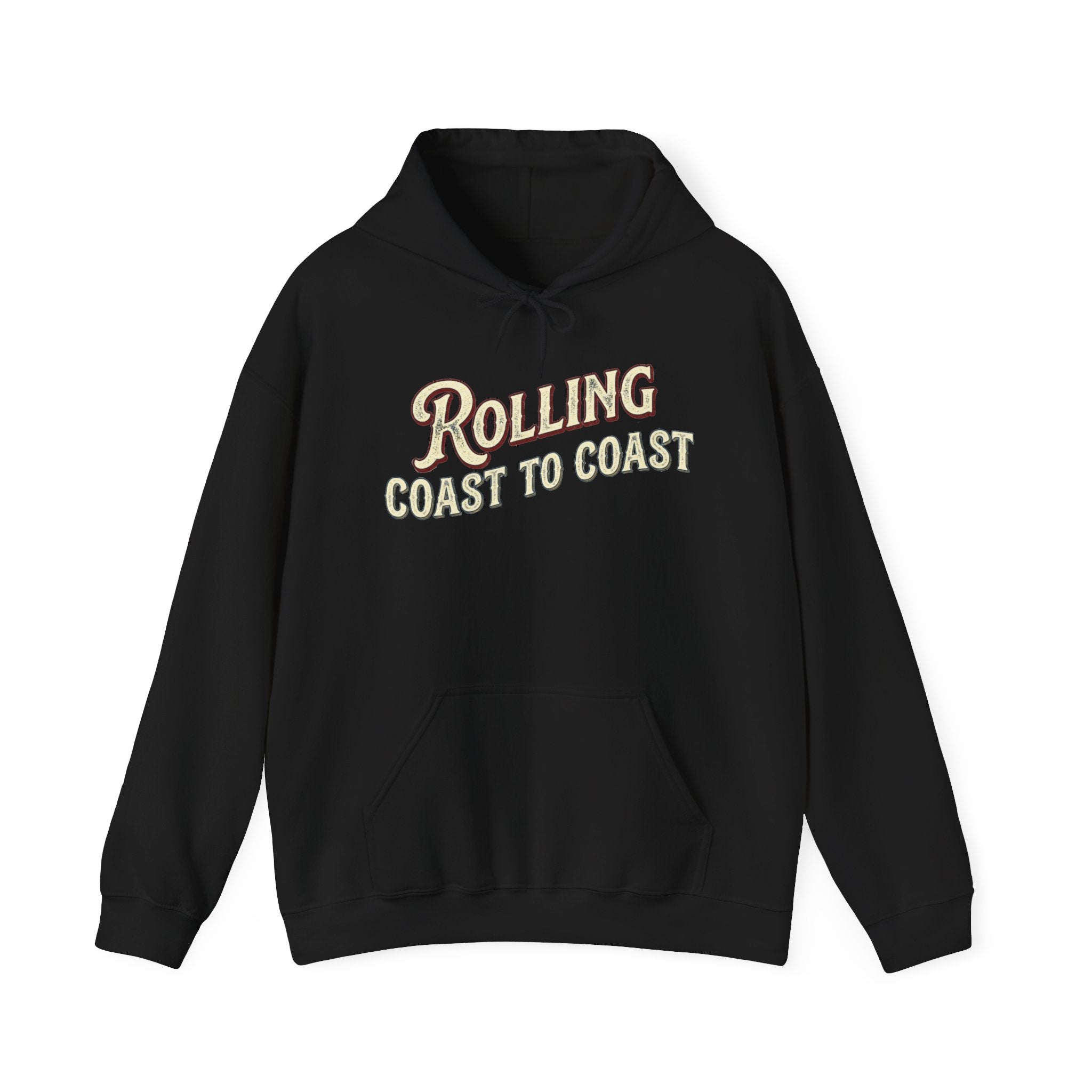 Black hoodie 'Rolling Coast to Coast' on a white background