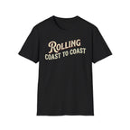 Black t-shirt 'Rolling Coast to Coast' text on a white background