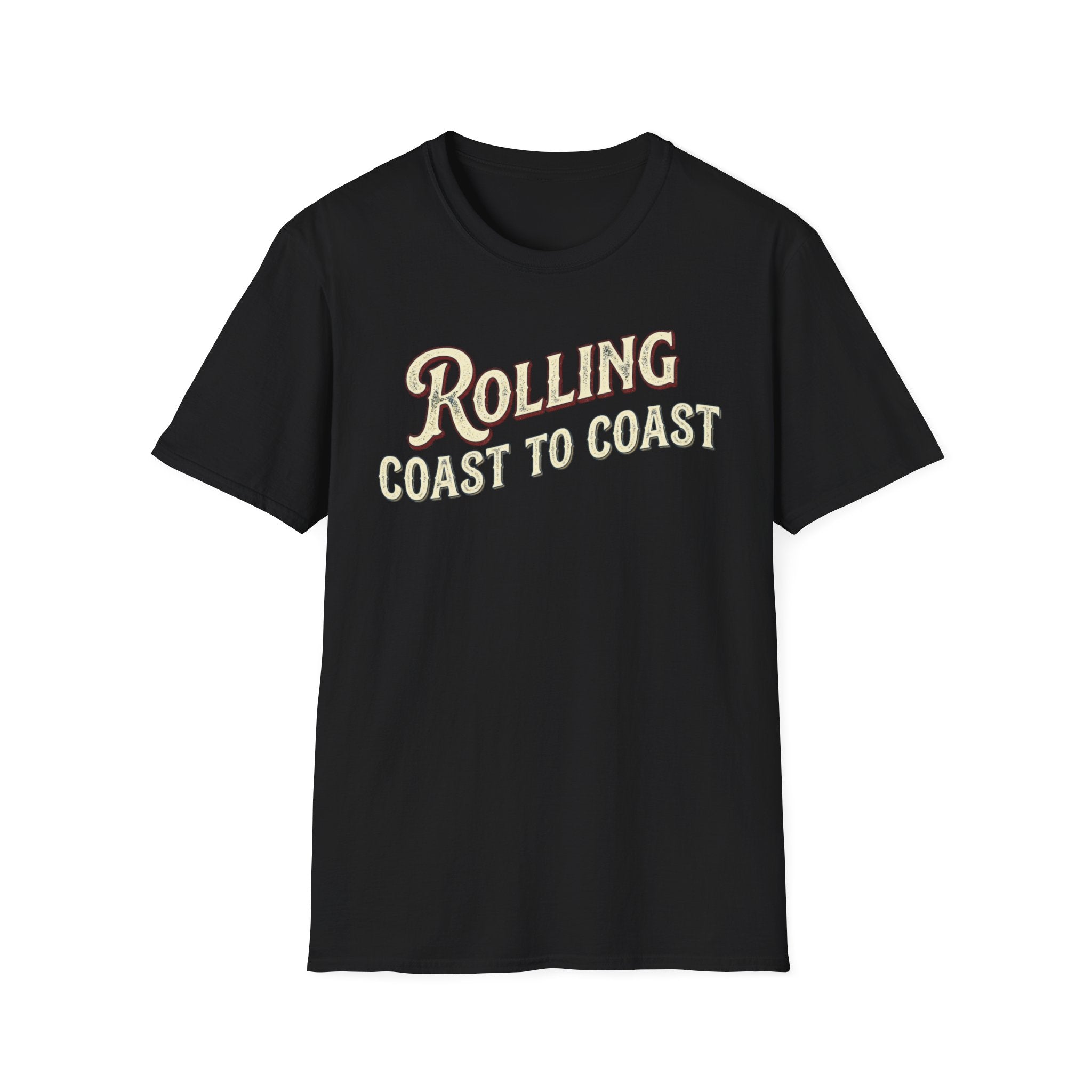 Black t-shirt 'Rolling Coast to Coast' text on a white background