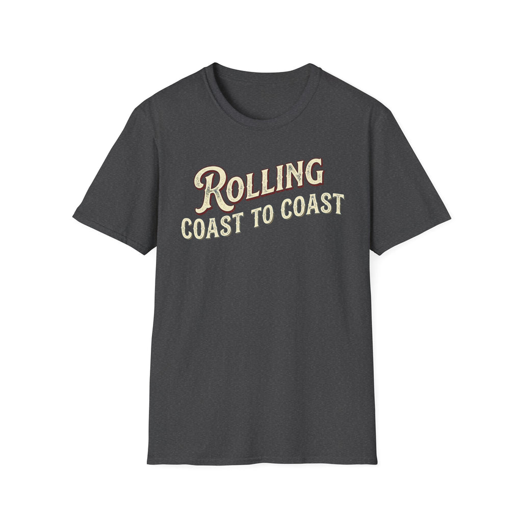 A dark heather short-sleeve graphic T-shirt.The shirt has large distressed text reading 'Rolling Coast to Coast' across the chest on a white background