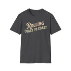 A dark heather short-sleeve graphic T-shirt.The shirt has large distressed text reading 'Rolling Coast to Coast' across the chest on a white background