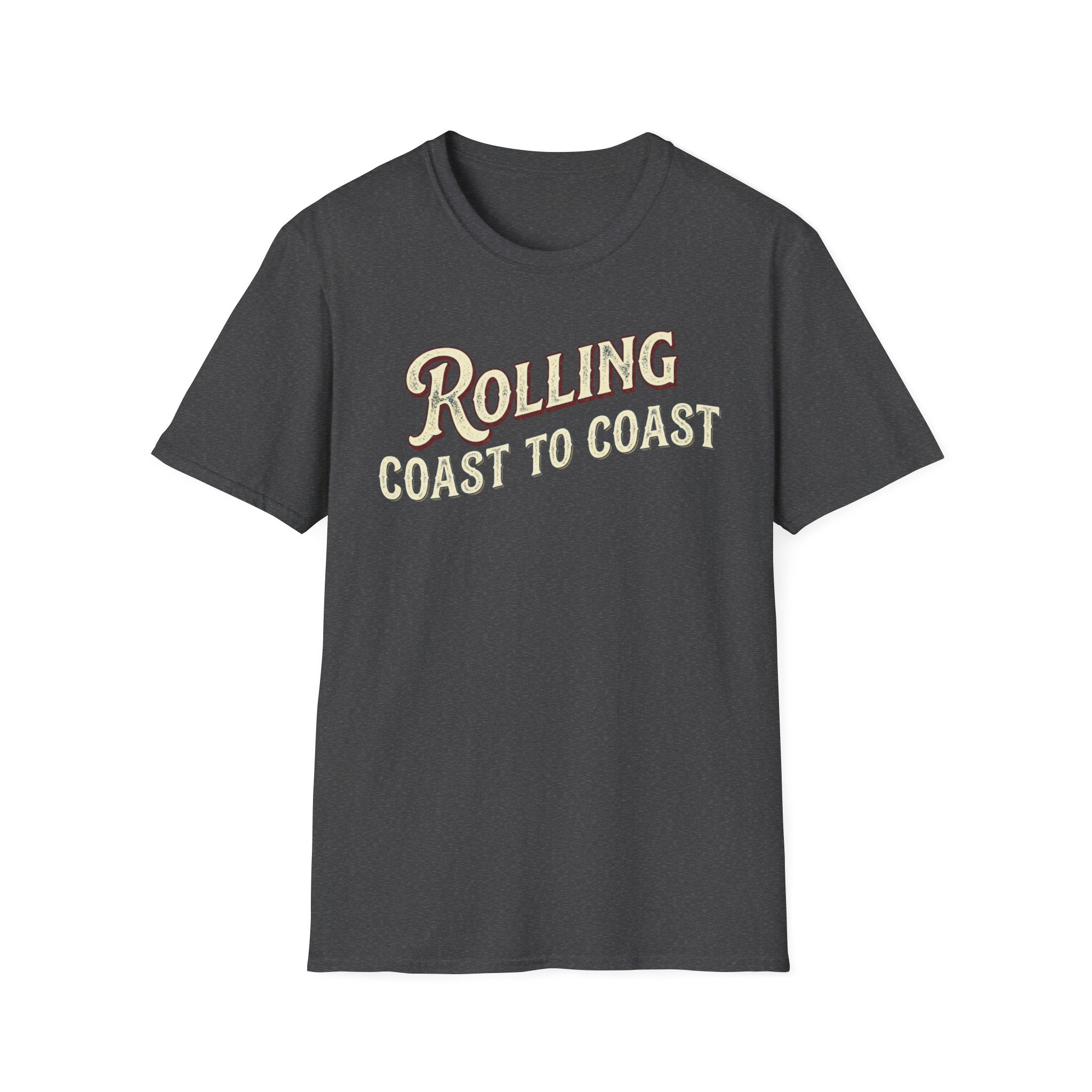A dark heather short-sleeve graphic T-shirt.The shirt has large distressed text reading 'Rolling Coast to Coast' across the chest on a white background