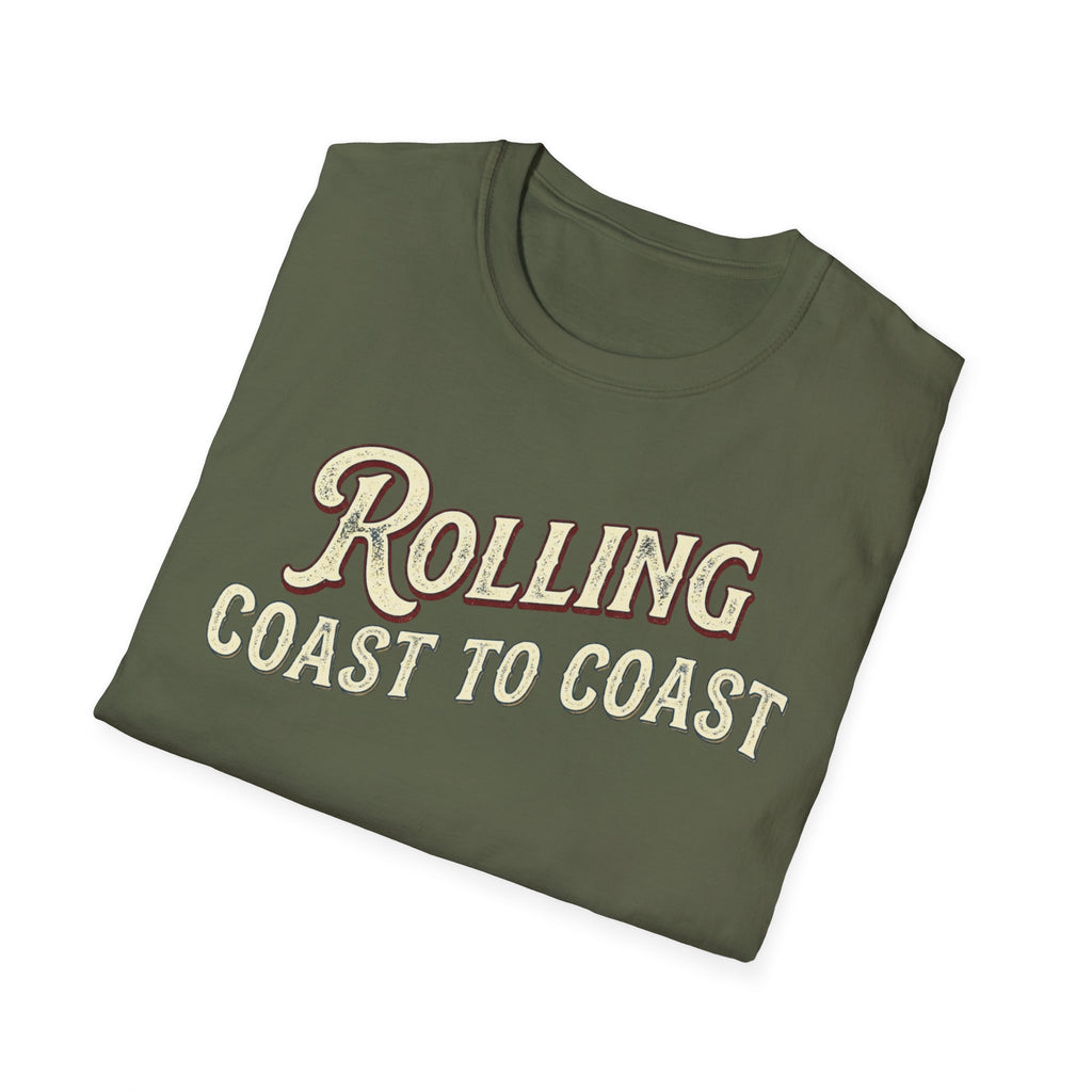 A folded military green t-shirt with the phrase 'ROLLING COAST TO COAST' printed across the front in a cream-colored retro font with a maroon shadow outline, shown on a plain white background.