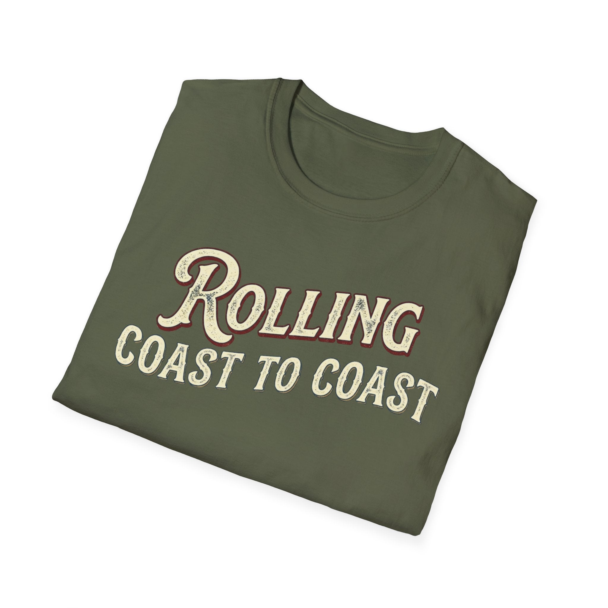 A folded military green t-shirt with the phrase 'ROLLING COAST TO COAST' printed across the front in a cream-colored retro font with a maroon shadow outline, shown on a plain white background.