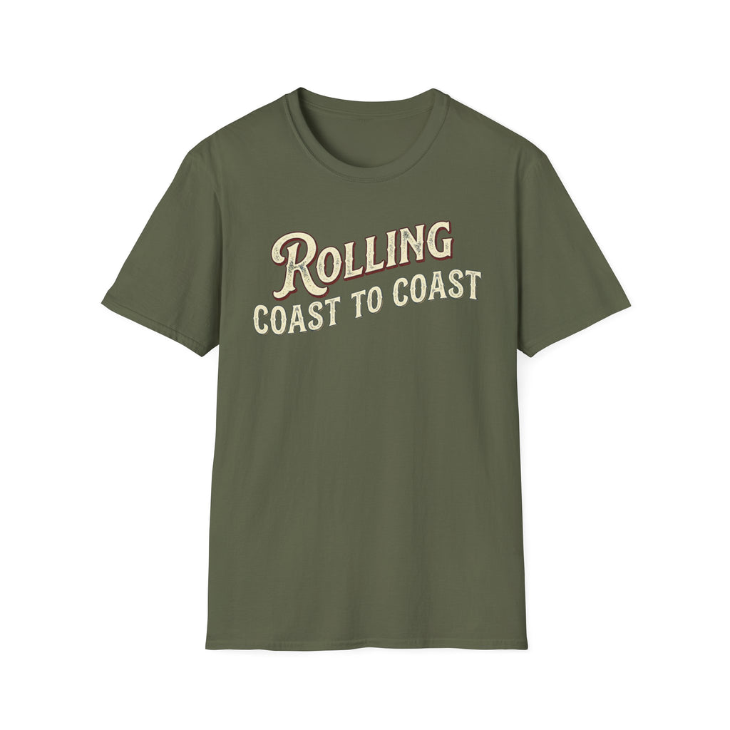 A military green short-sleeve graphic T-shirt.The shirt has large distressed text reading 'Rolling Coast to Coast' across the chest on a white background.