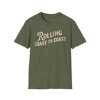 A military green short-sleeve graphic T-shirt.The shirt has large distressed text reading 'Rolling Coast to Coast' across the chest on a white background.