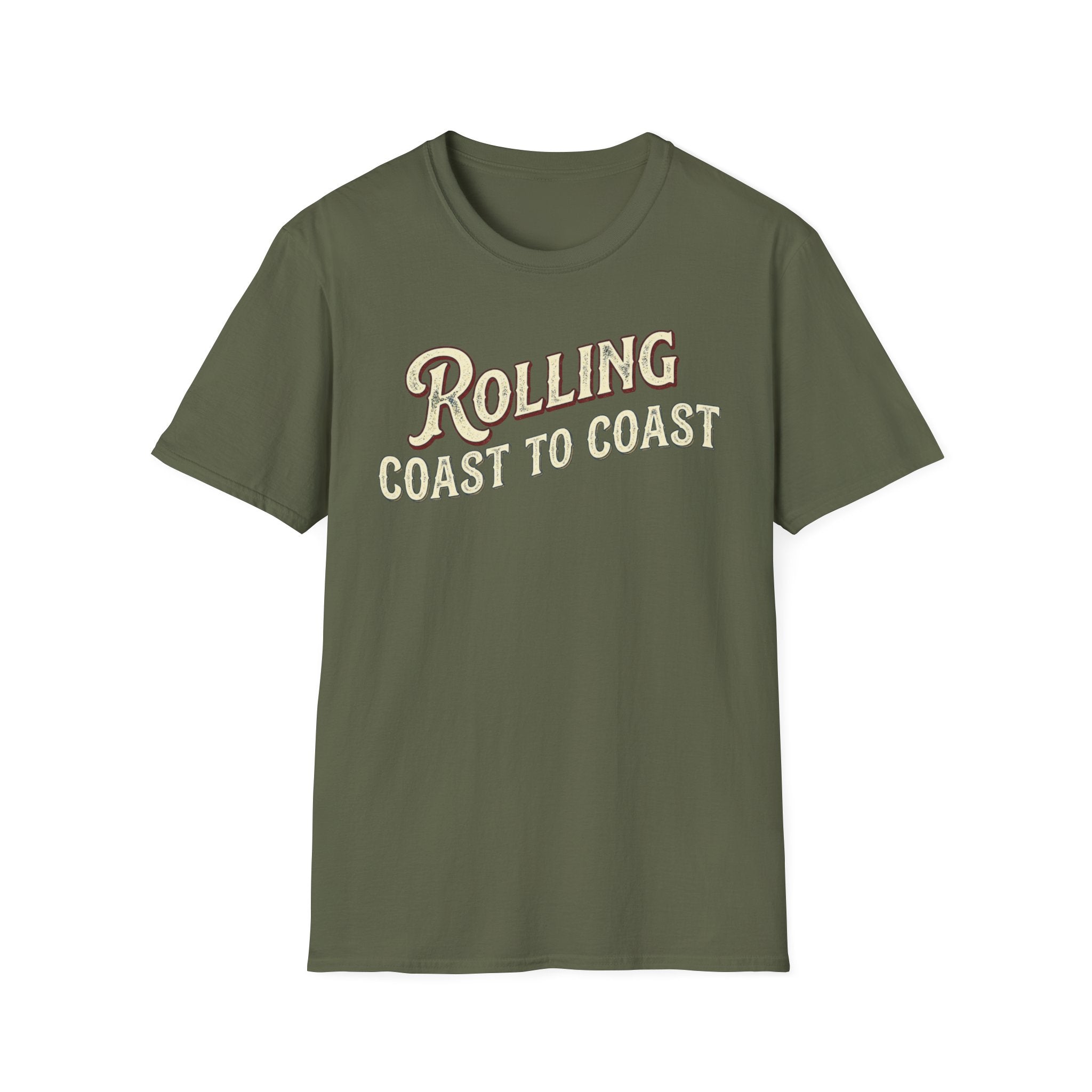 A military green short-sleeve graphic T-shirt.The shirt has large distressed text reading 'Rolling Coast to Coast' across the chest on a white background.