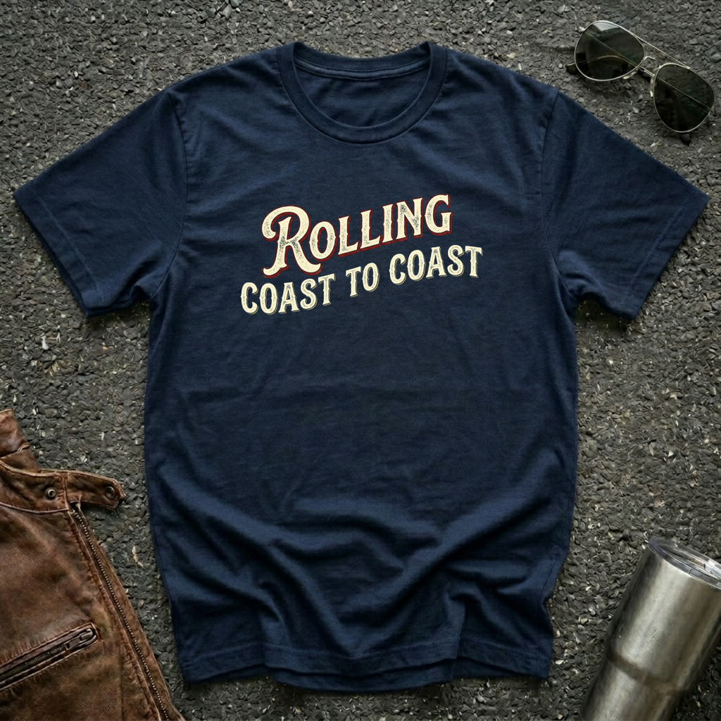 Navy road life T-shirt featuring the phrase "Rolling Coast to Coast" in a vintage cream and maroon typography