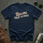 Navy road life T-shirt featuring the phrase "Rolling Coast to Coast" in a vintage cream and maroon typography