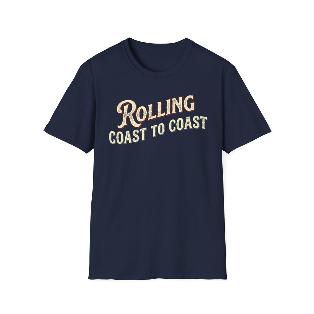 A navy short-sleeve graphic T-shirt.The shirt has large distressed text reading 'Rolling Coast to Coast' across the chest on a white background.