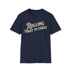 A navy short-sleeve graphic T-shirt.The shirt has large distressed text reading 'Rolling Coast to Coast' across the chest on a white background.