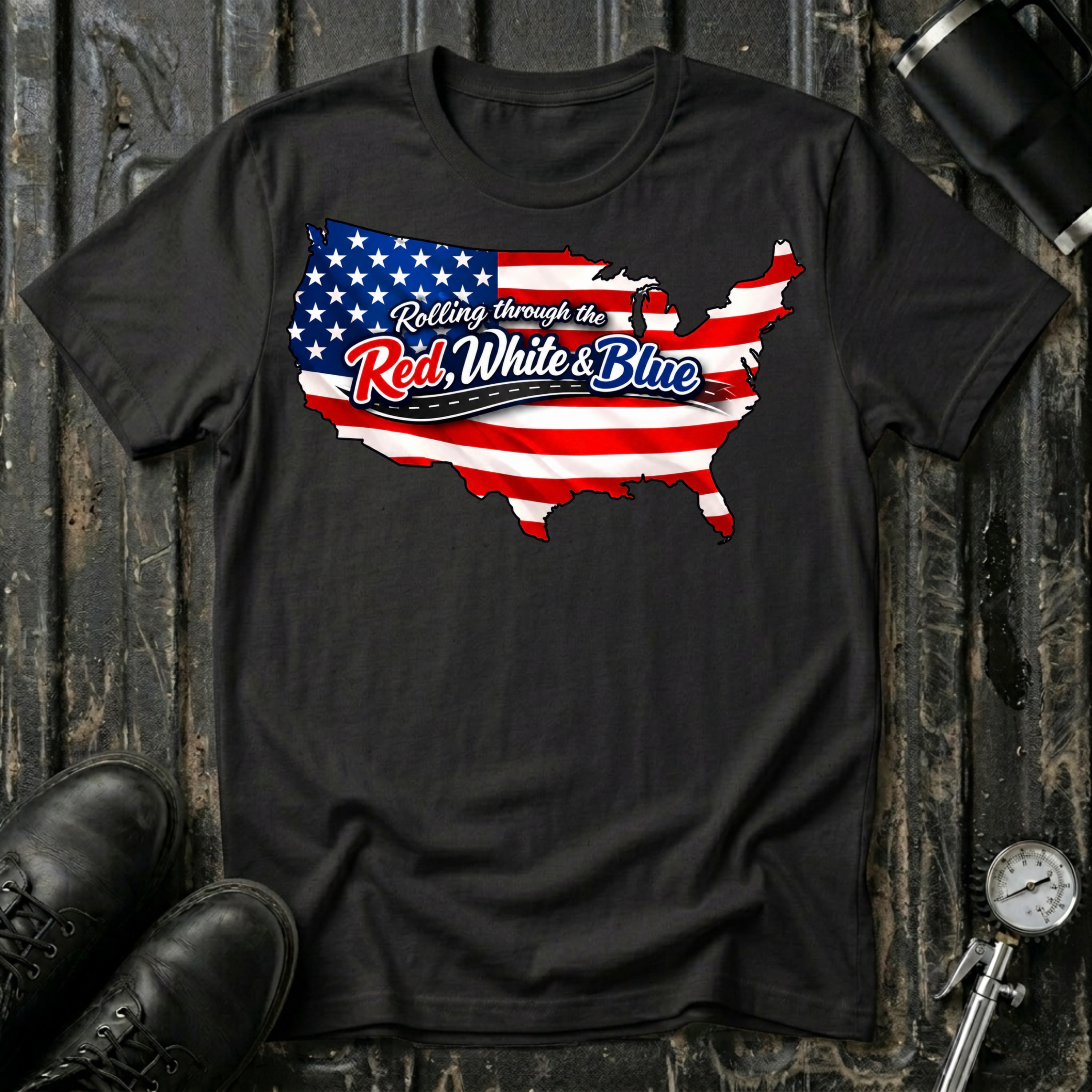 Rolling Through the Red, White and Blue T-shirt featuring a USA map with the American flag for patriotic road trip and RV travel enthusiasts.
