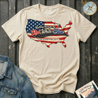 Rolling Through the Red, White & Blue T-shirt by The Riverstone Life on a natural Gildan Softstyle 64000 featuring a vintage United States map with patriotic red, white and blue graphics.