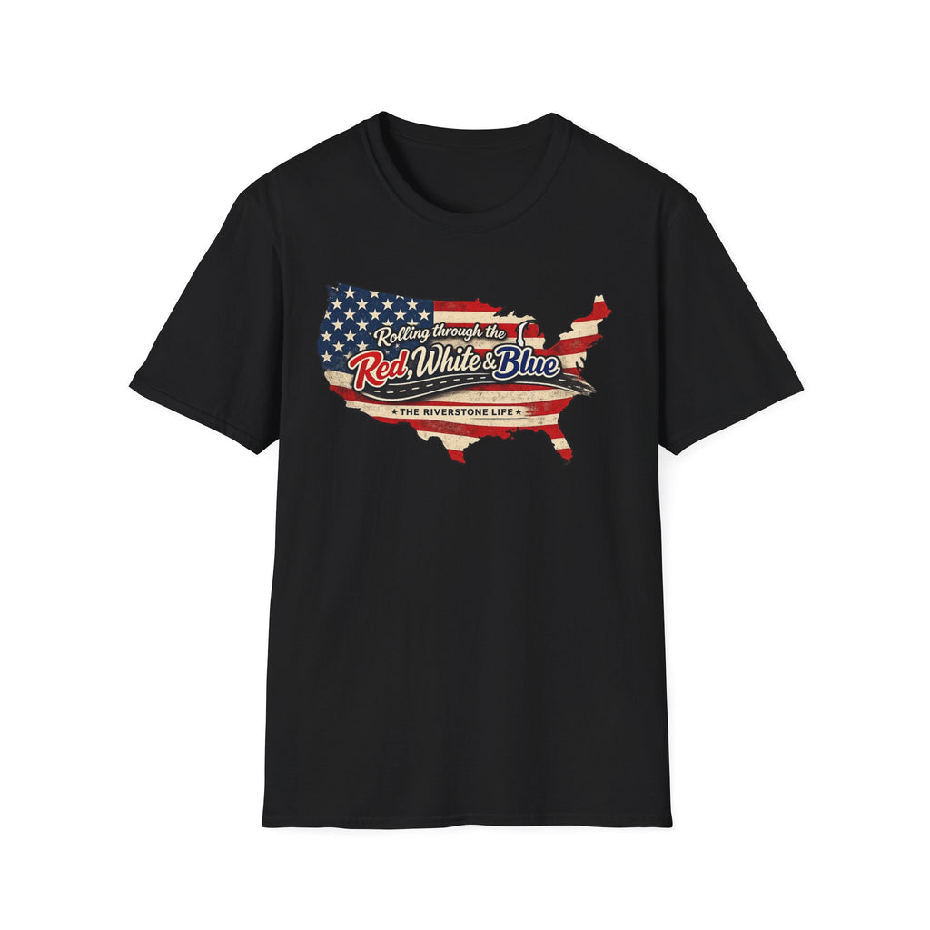 Black t-shirt with American flag design and text 'Rolling Through the Red, White and Blue The Riverstone Life' on a white background
