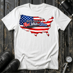 Rolling Through the Red, White and Blue T-shirt featuring a USA map with the American flag for patriotic road trip and RV travel enthusiasts.