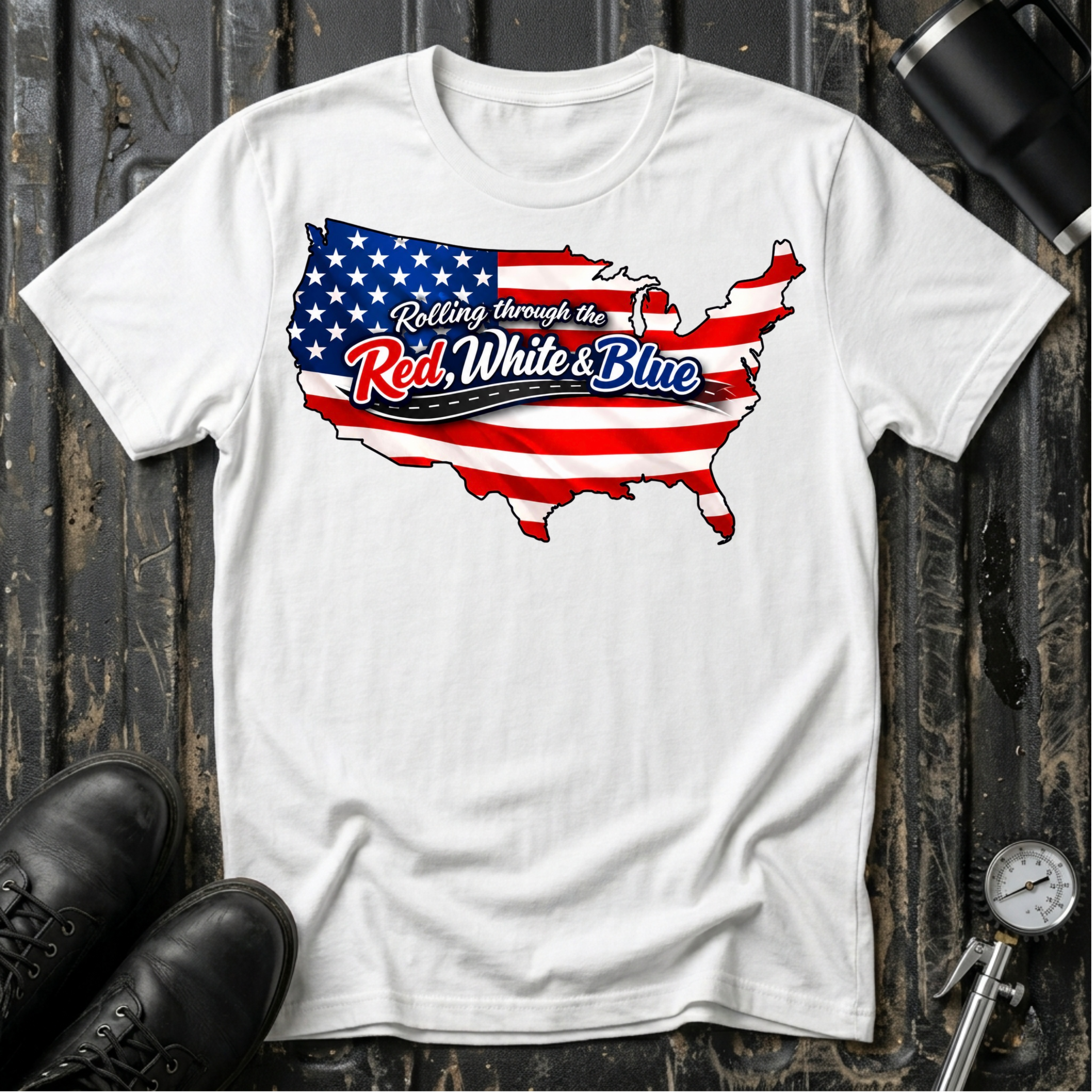 Rolling Through the Red, White and Blue T-shirt featuring a USA map with the American flag for patriotic road trip and RV travel enthusiasts.