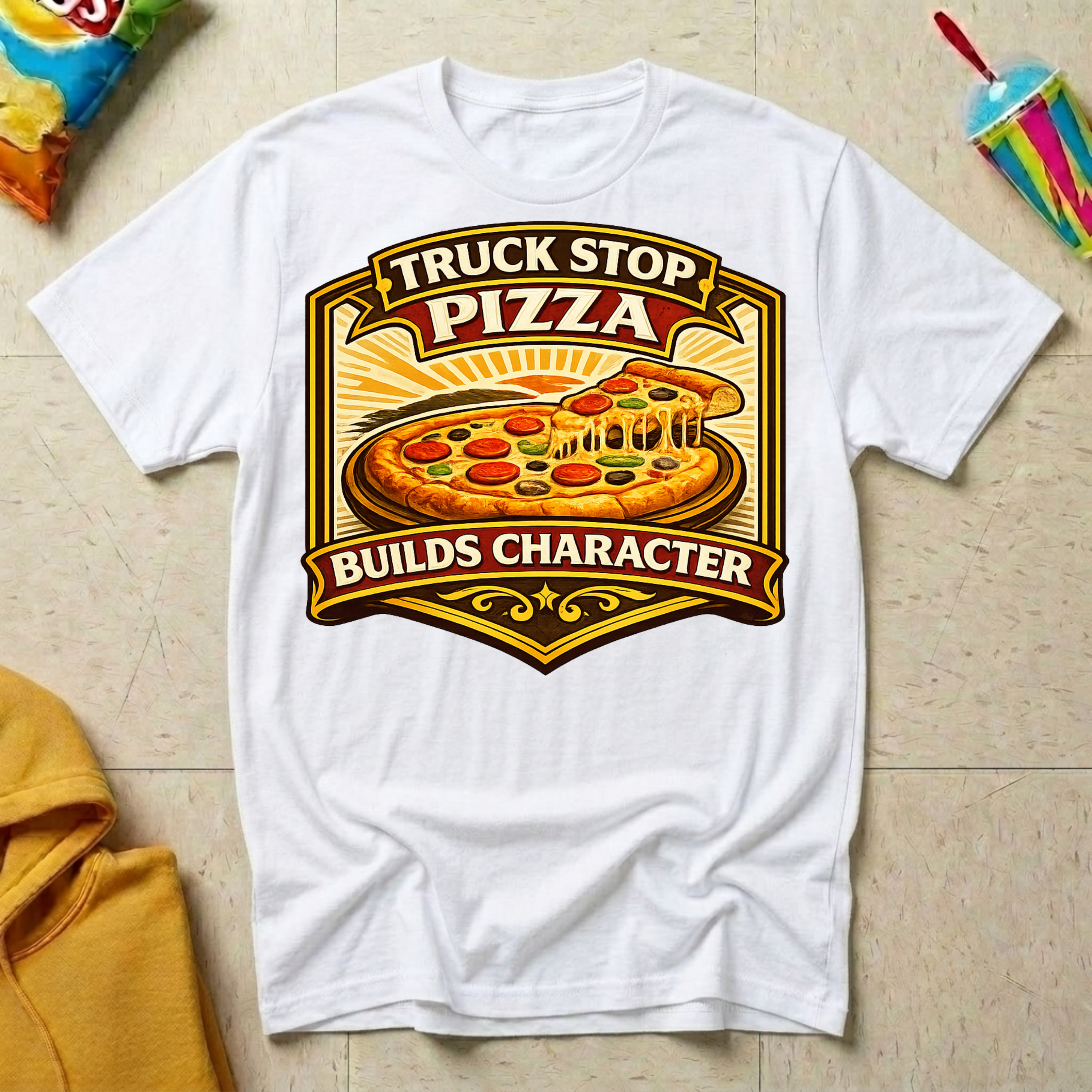 Truck Stop Pizza Builds Character T-shirt by The Riverstone Life on a white Gildan Softstyle 64000 featuring a humorous truck stop pizza design.