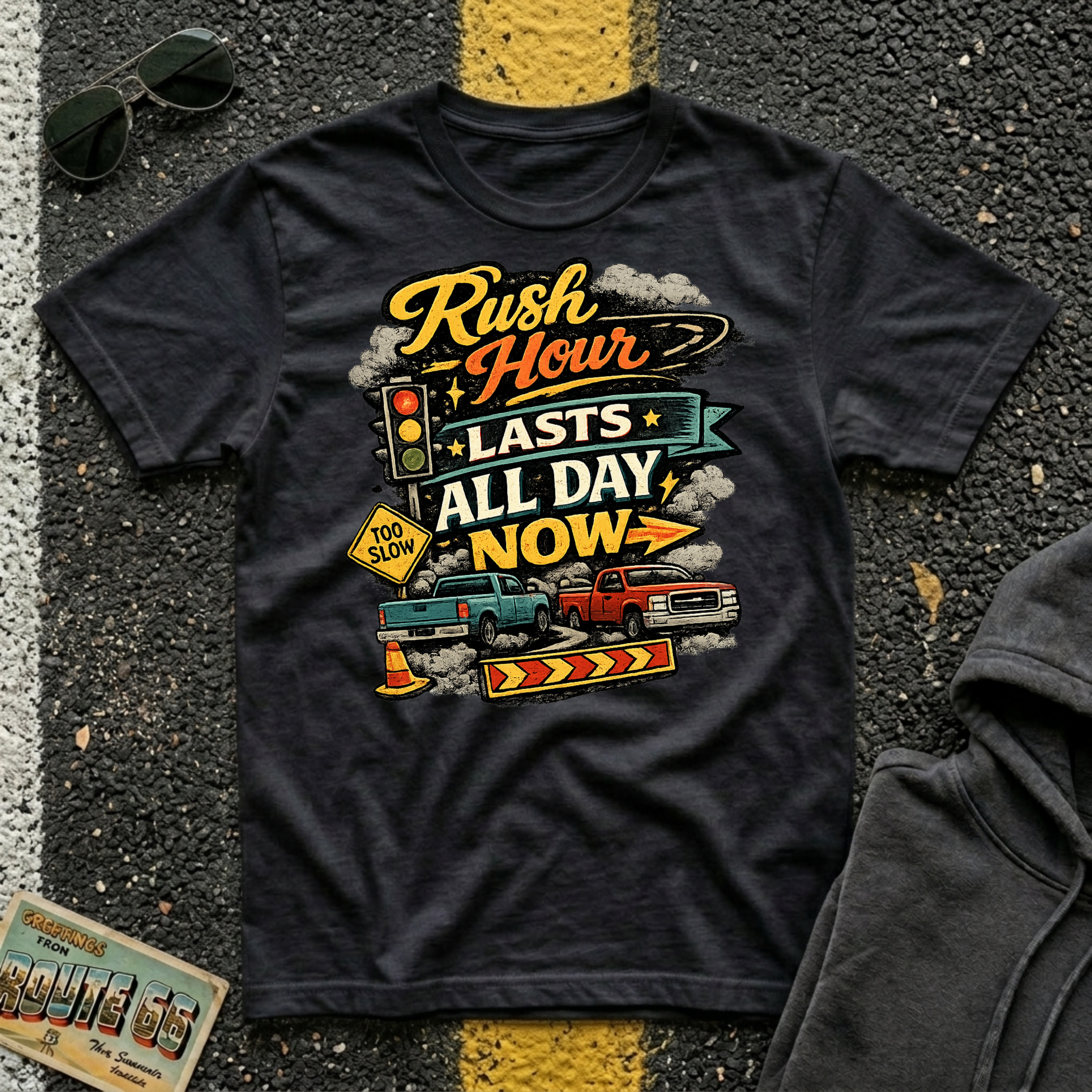 Rush Hour Lasts All Day Now T-shirt is by The Riverstone Life, a black Gildan Softstyle 64000 featuring a colorful traffic themed design for RV Transport drivers, commuters, truckers, and road travelers. 